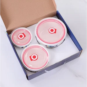 ست سه‌تایی کاسه سرامیکی درب‌دار با بسته‌بندی کادویی