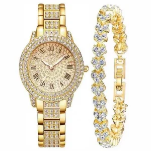 ست ساعت زنانه نگین‌دار همراه با دستبند جواهری ۵ تکه