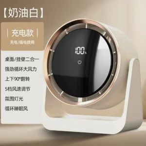 پنکه میزی دورانی، شارژی USB، قابل حمل با باد قوی و چراغ خواب