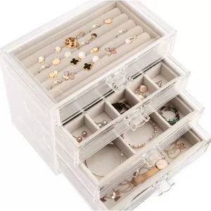 جعبه جواهرات چندلایه مخملی با کشوهای آکریلیک شفاف