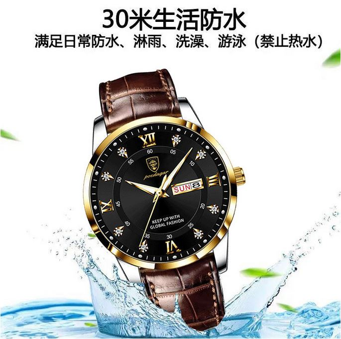 POEDAGAR Waterproof Luminous Men's Leather Quartz Watch
